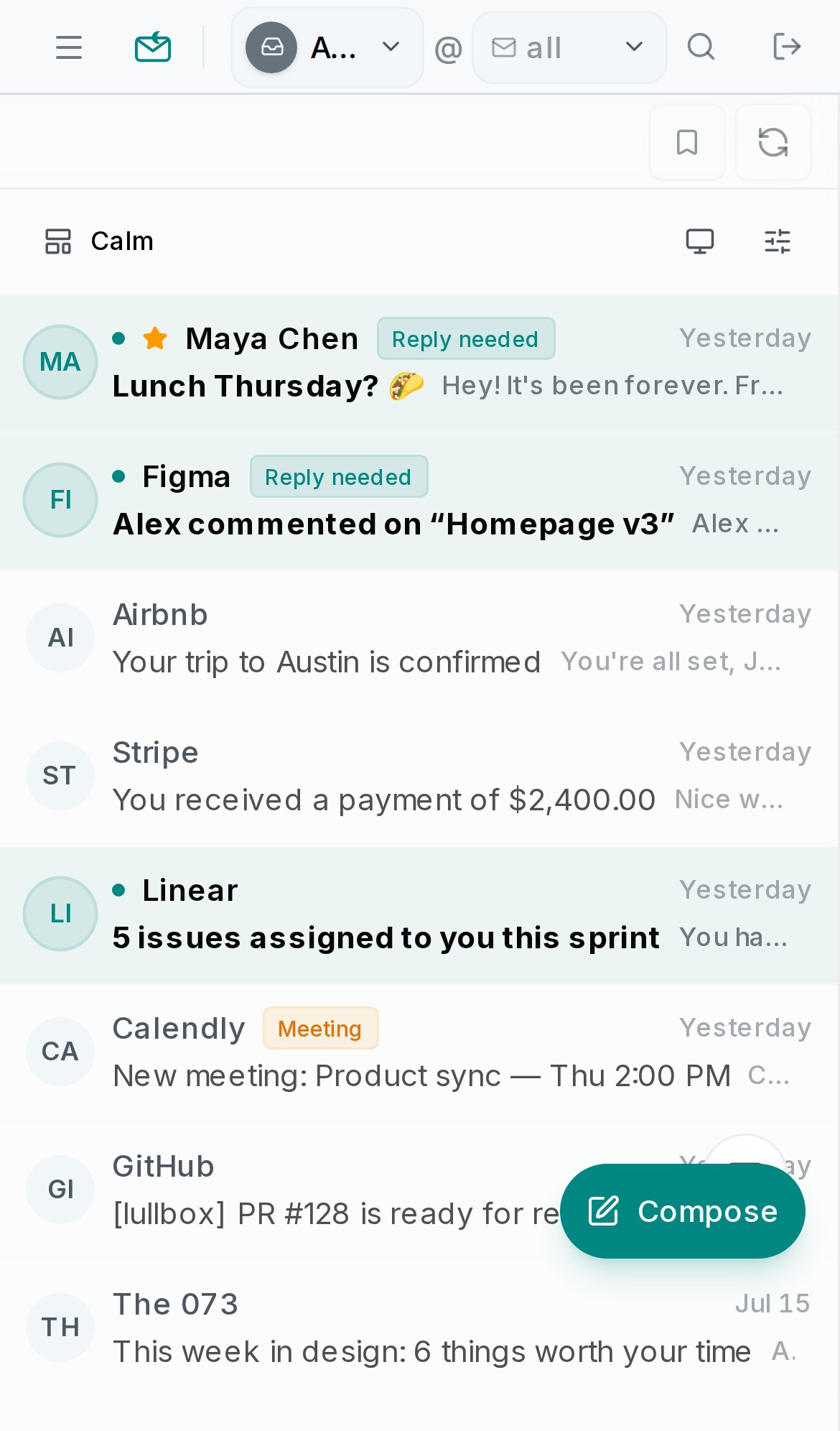 Lullbox on a phone — the unified inbox list with AI labels